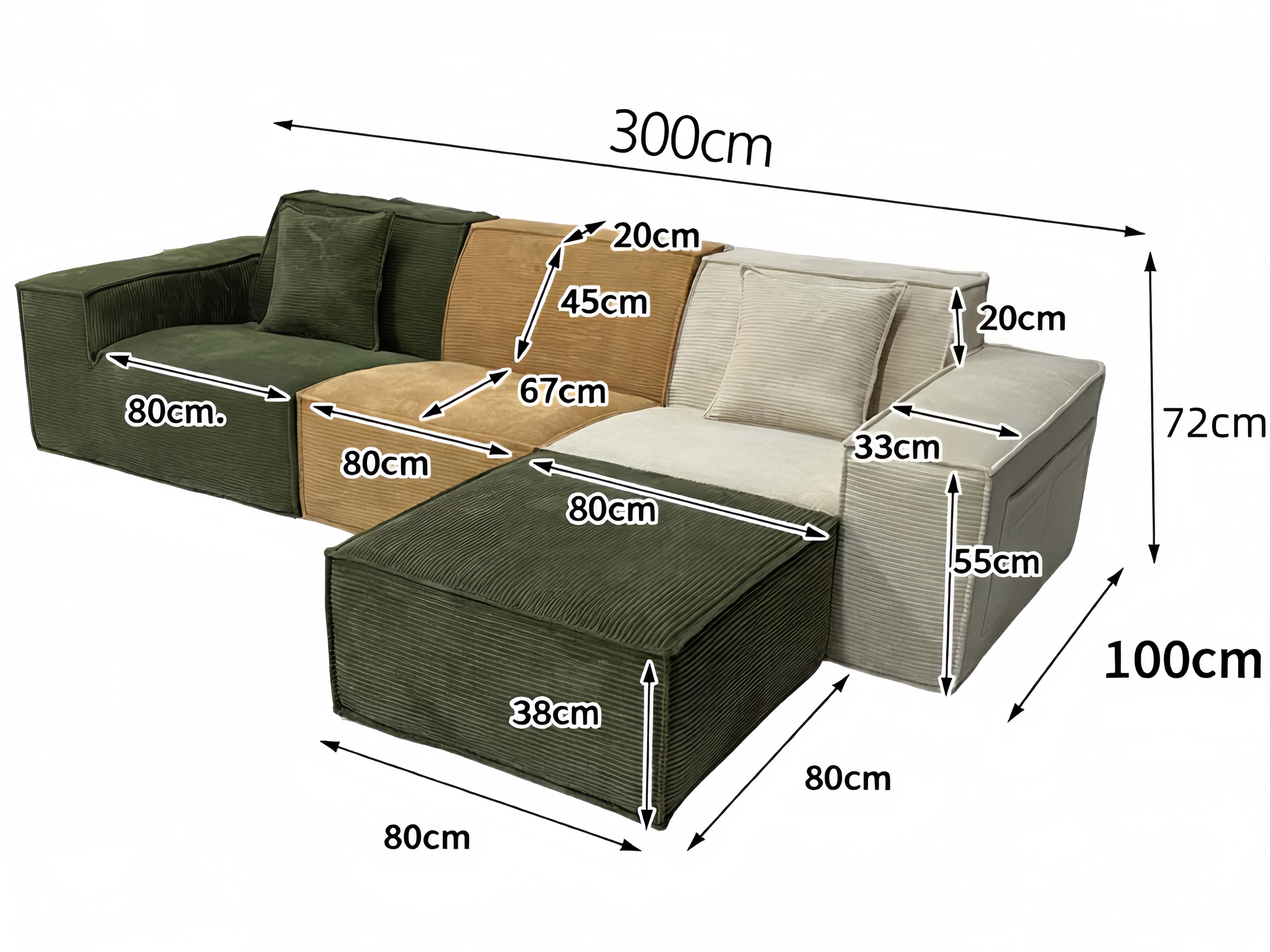 Sheetoo STE-005 Modular Sofa – Free Splicing, Ottoman, Roll Pack for Apartment